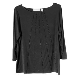 Liz Claiborne Top Large Black Beaded Soft Rayon 3/4 Sleeves